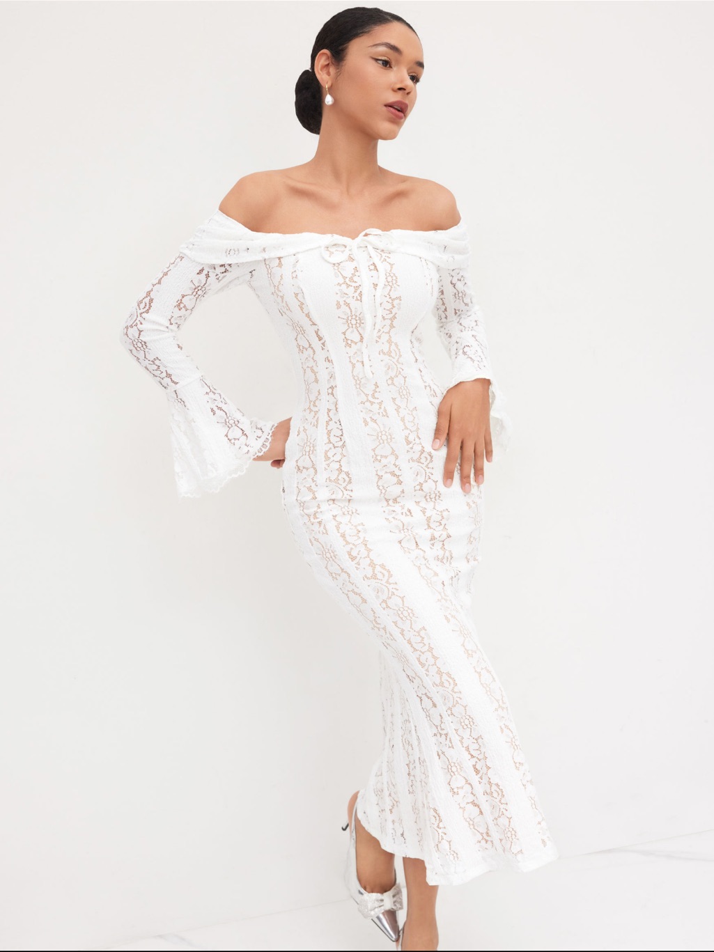 Cider Off-Shoulder White Lace Maxi Dress